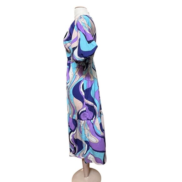 Jessica Simpson Abstract 60s‎ Purple Puff Sleeve Maxi Dress Empire Babydoll - Sm - Picture 4 of 9